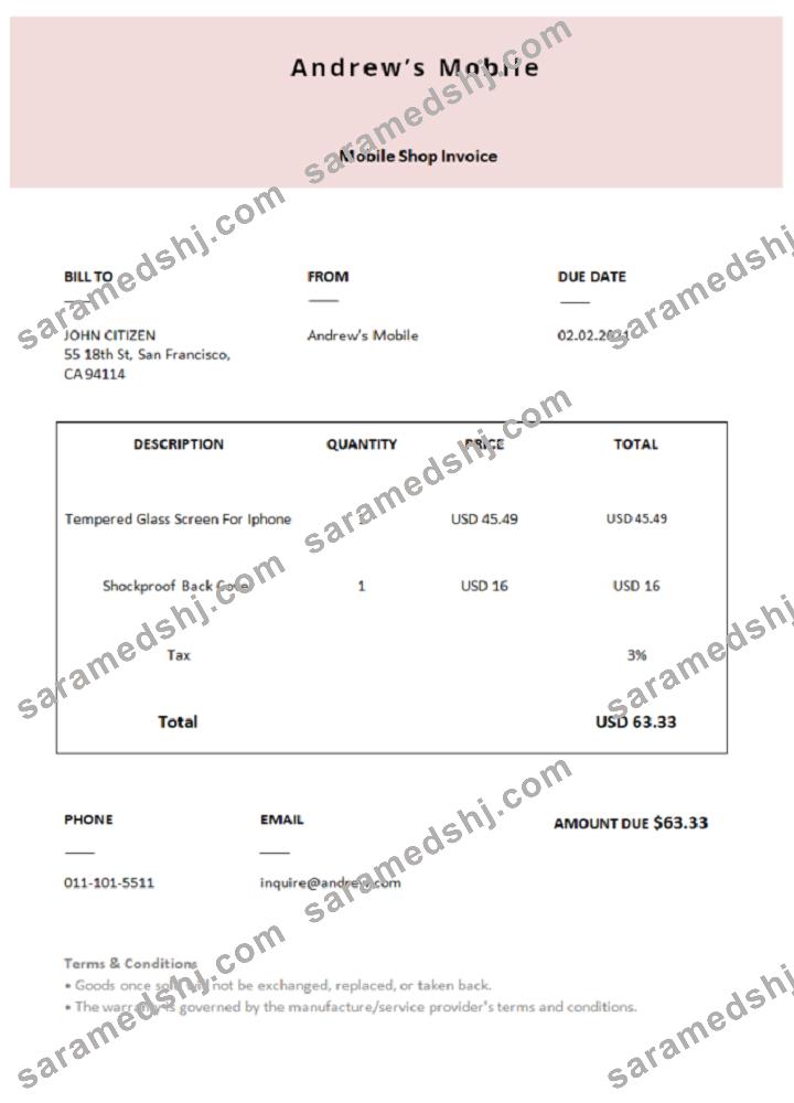 USA Andrew’s Mobile invoice